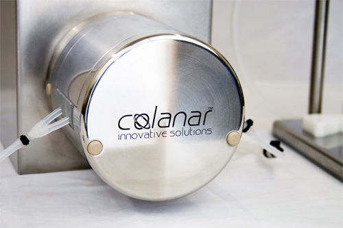 Colanar Solutions Logo laser engraved on a stainless steel medical device pump.